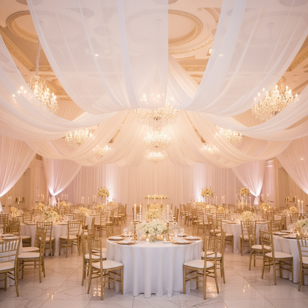 wedding ceiling draping with 10 yards x 118" Flame Retardant (FR) Voile Sheer Fabric Roll/Bolt - White