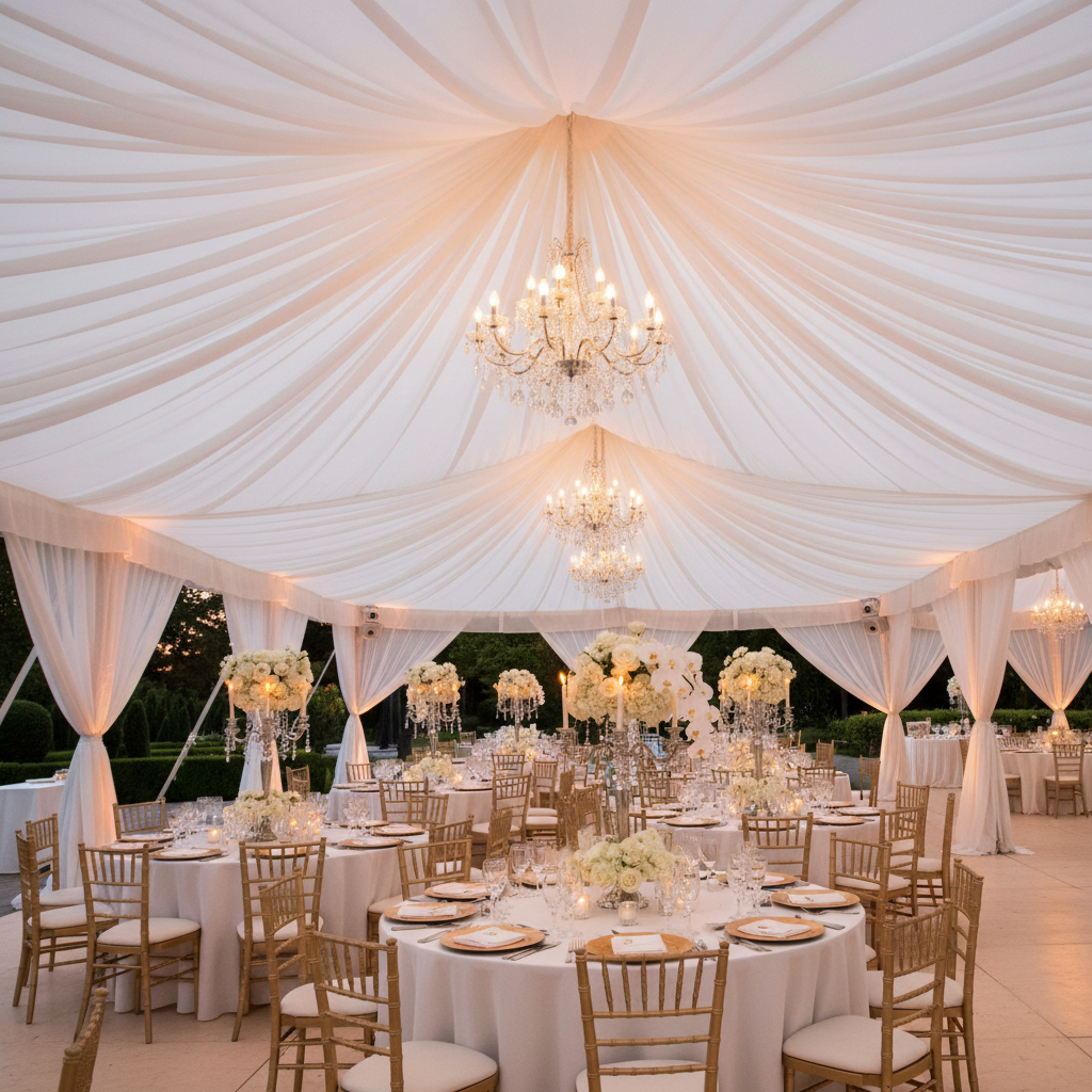 outdoor luxury tent marquee with 10 yards x 118" Flame Retardant (FR) Voile Sheer Fabric Roll/Bolt - White