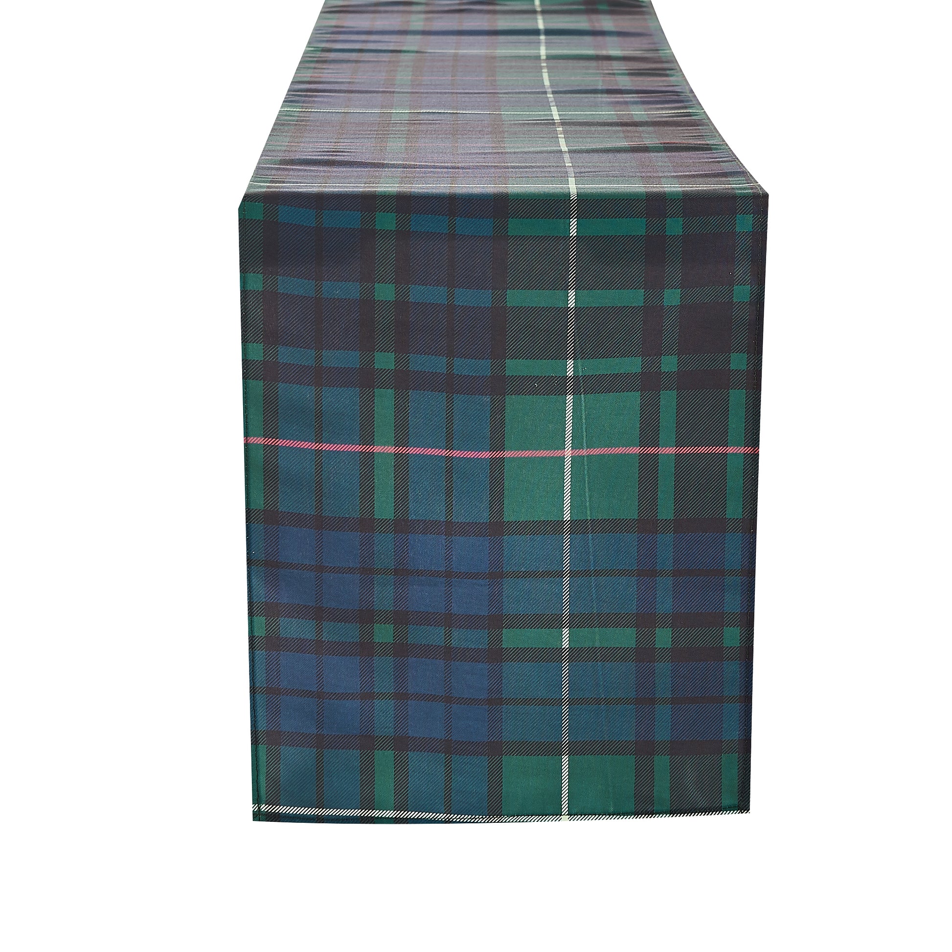 Plaid blanket in green, teal, navy and purple tones; woven tartan fabric shown as a rectangular throw for home decor.