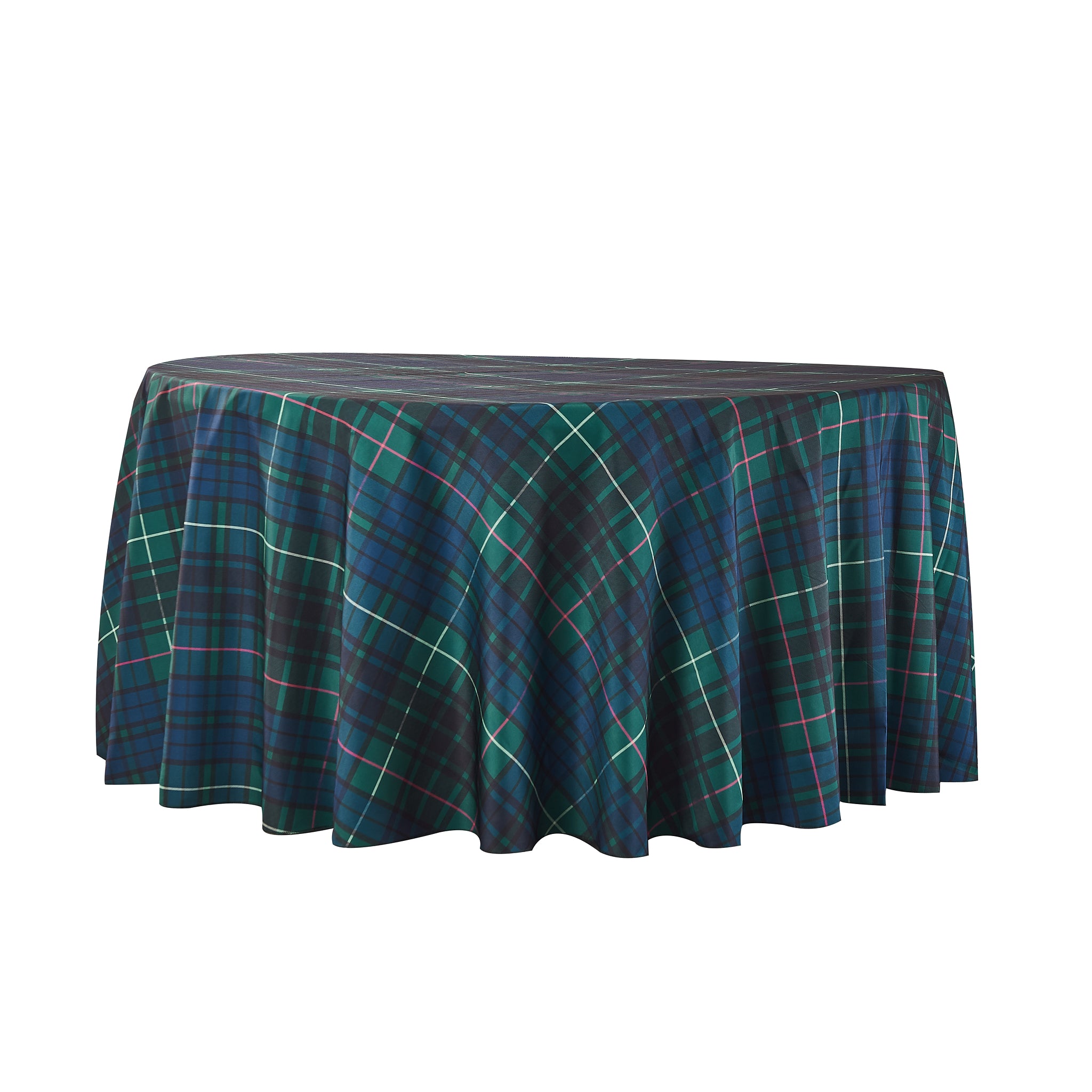 Round table draped with a green and blue plaid tablecloth with red and white lines in a tartan pattern.