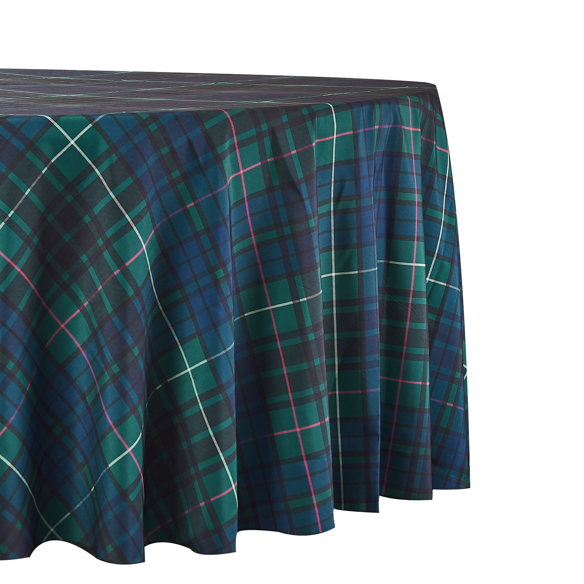 Plaid tablecloth in green, teal and navy with pink accents, draped over a surface.