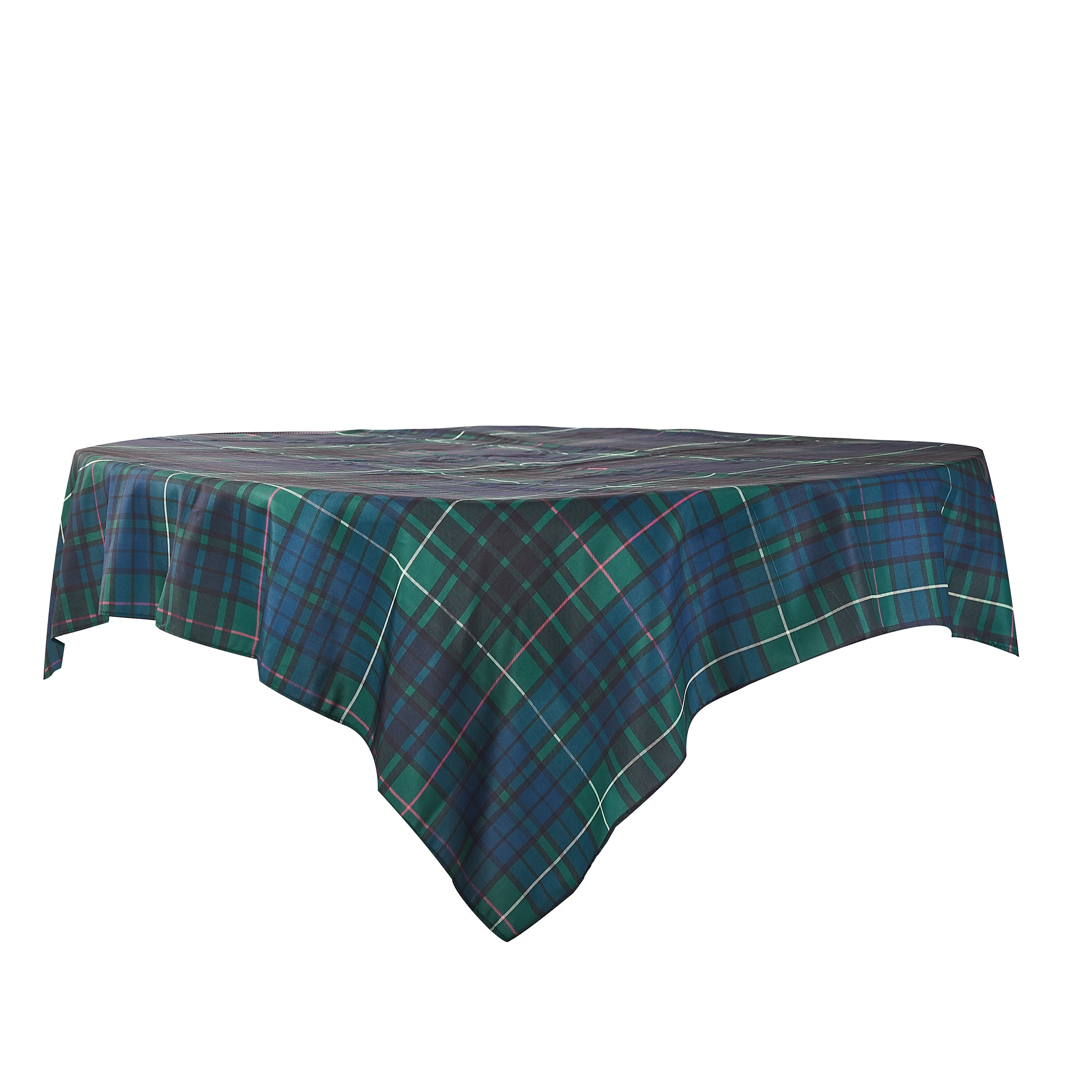 Green and navy plaid tablecloth with red and white accents draped over a rectangular table.