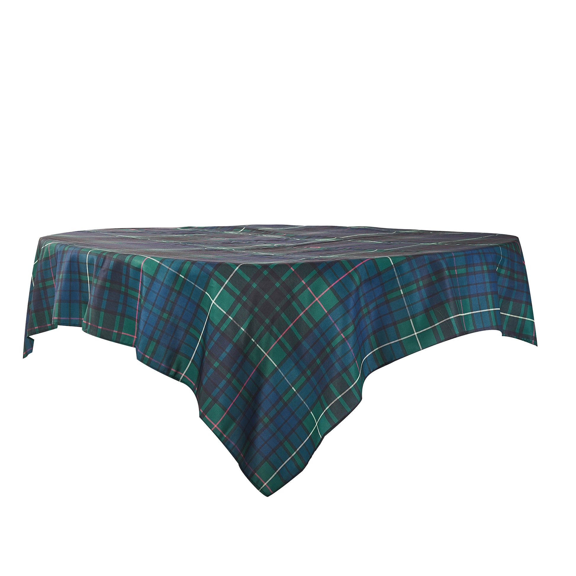 Green and navy plaid tablecloth with red and white accents draped over a rectangular table.