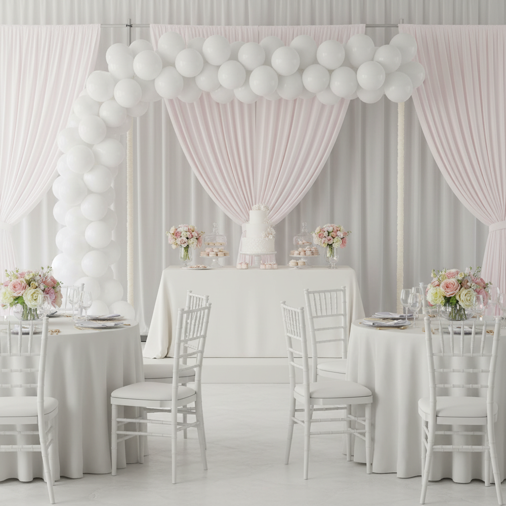 10ft Spandex Upright Pole Cover - White with white spandex drapes and balloons for bridal shower indoor reception