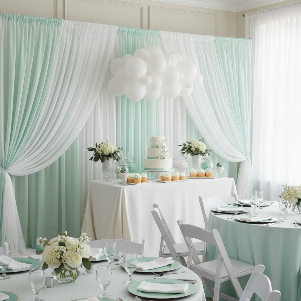 10ft Spandex Upright Pole Cover - White with mint green, white chiffon drapes and white balloons for baby shower reception