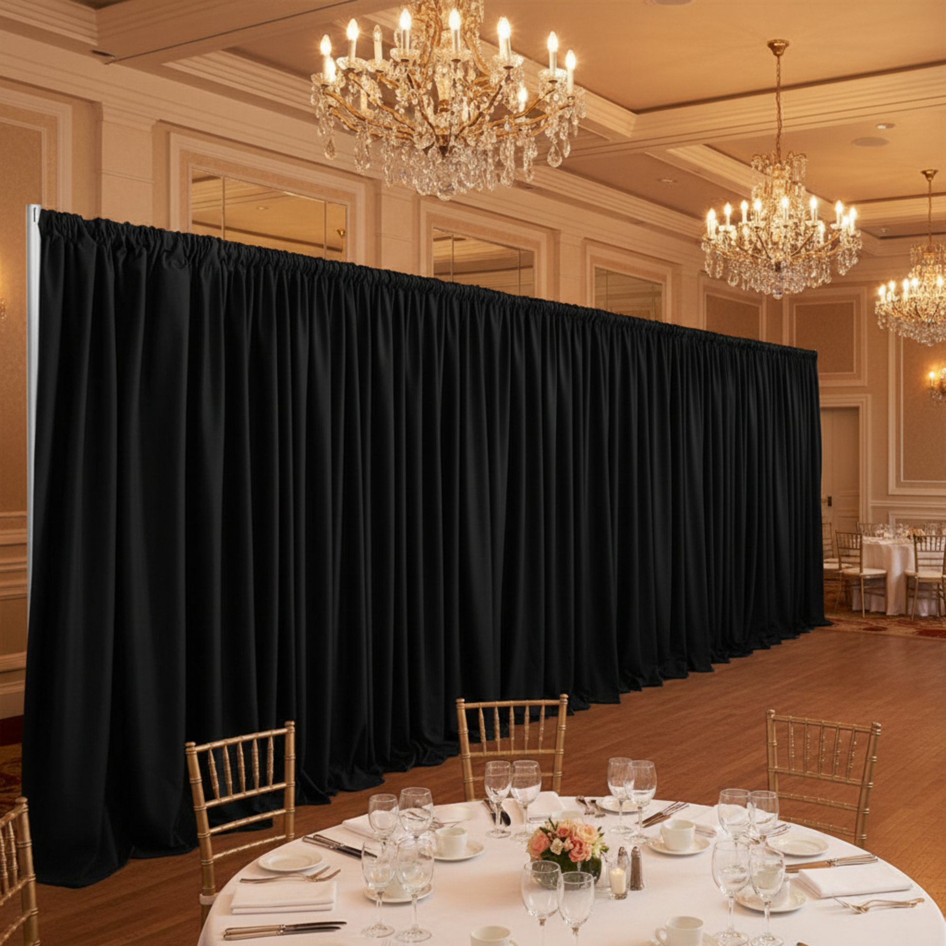 Lifestyle 10ft  Poly Premier black drapes at indoor reception
