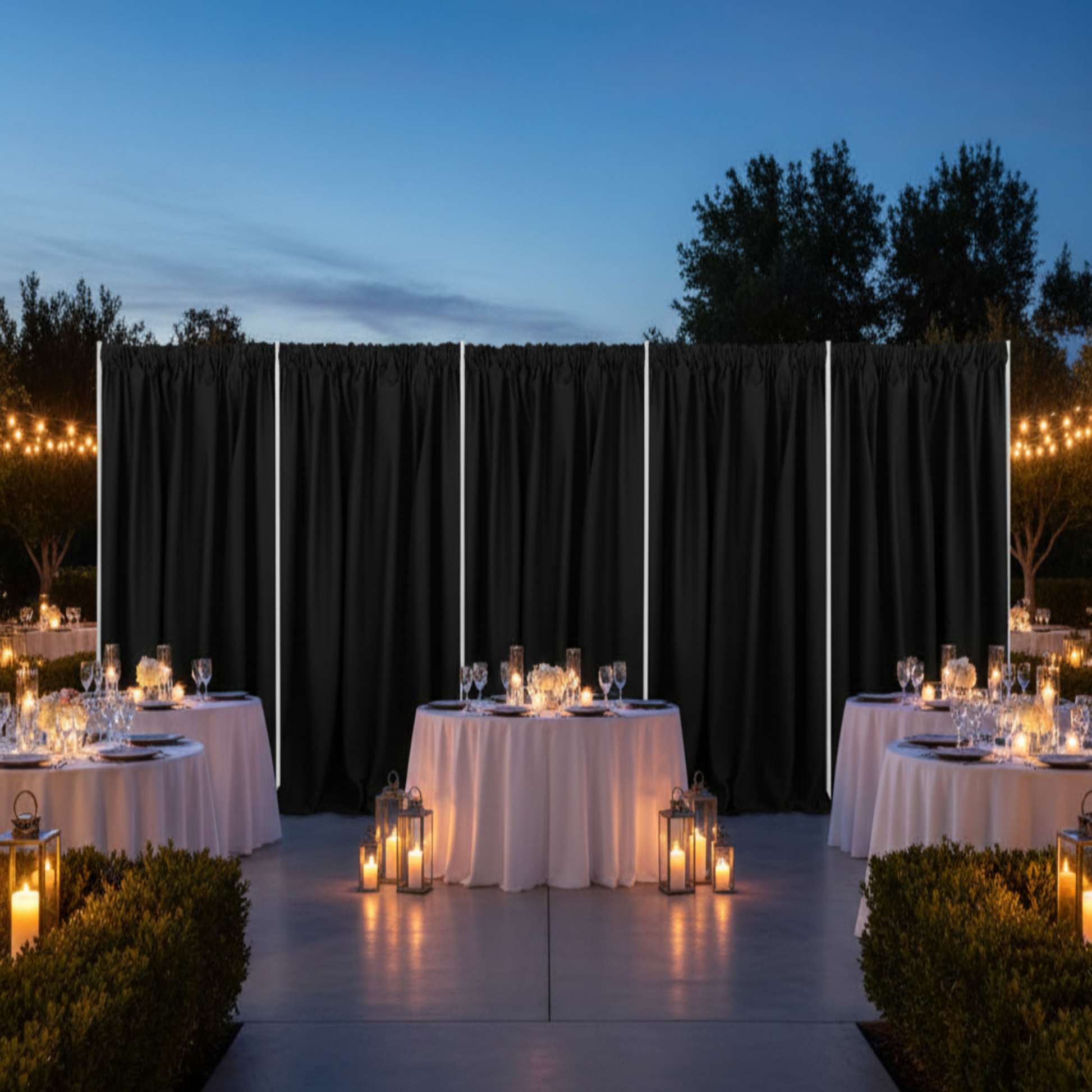 Black poly premier 10ft curtain drape at outdoor reception