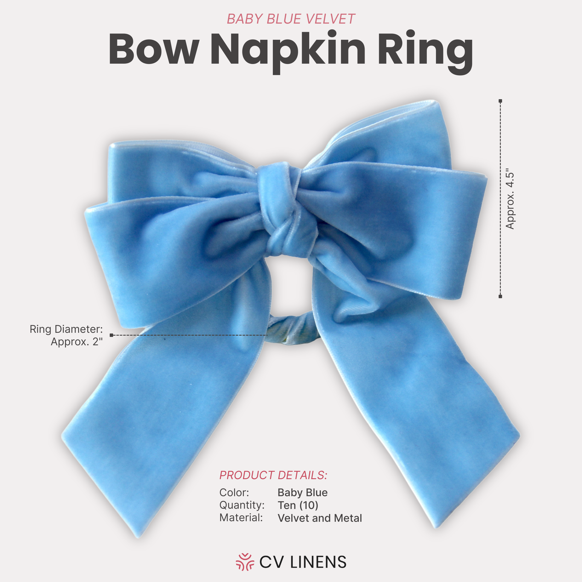 Velvet Bow Tie Napkin Ring Baby Blue infographic shoing product dimensions