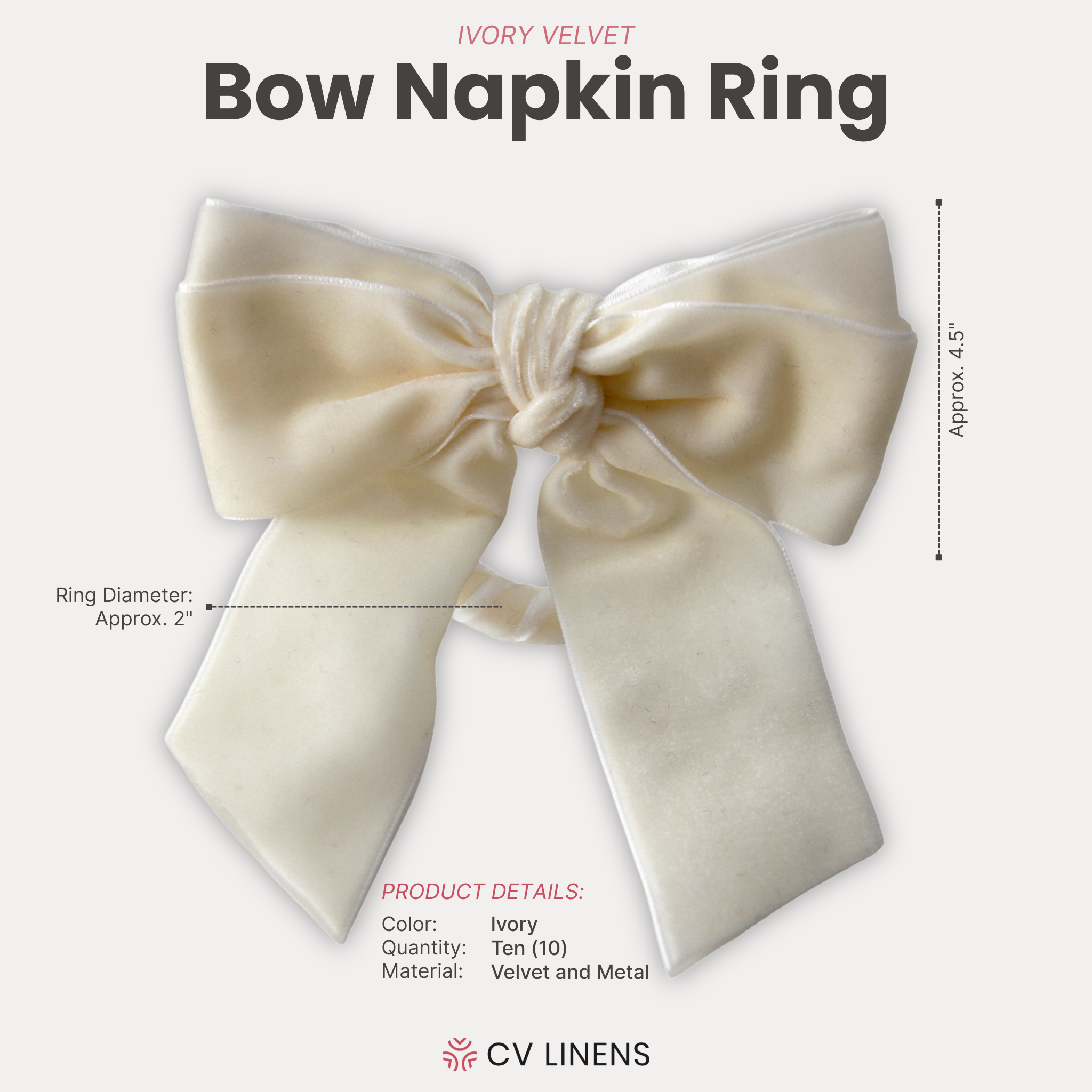 Velvet Bow-Tie Napkin Ring - Ivory infographic showing ring dimensions
