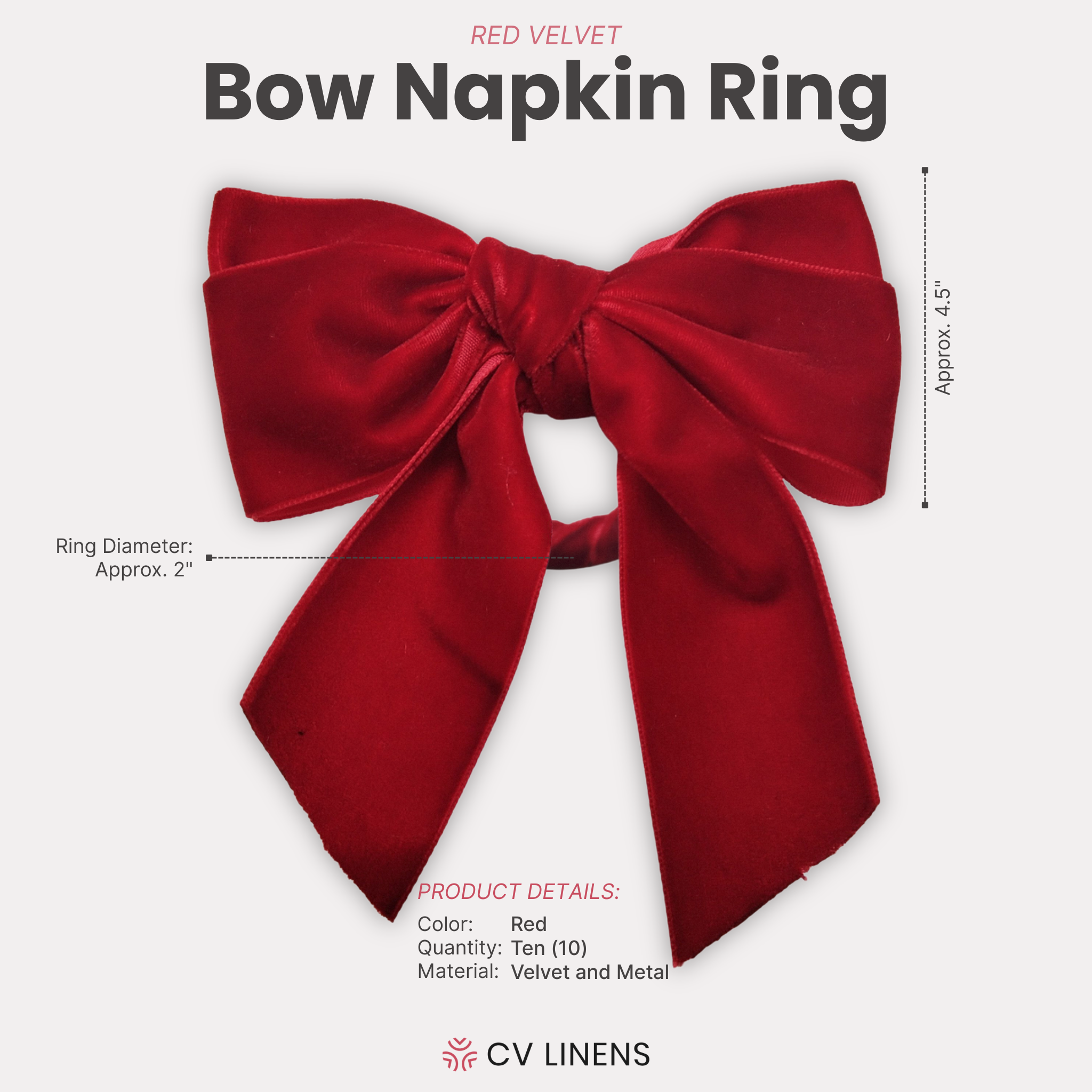 Velvet Bow Tie Napkin Ring Red infographic showing product dimensions