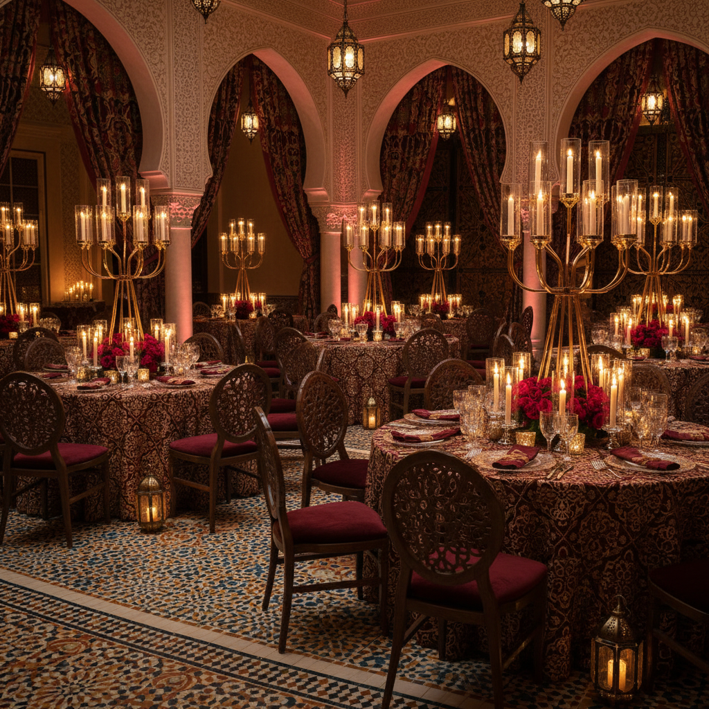 elegant moroccan inspired reception with 12 Arms Candle Holder Wedding Candelabra Table Centerpiece 48"H - Gold