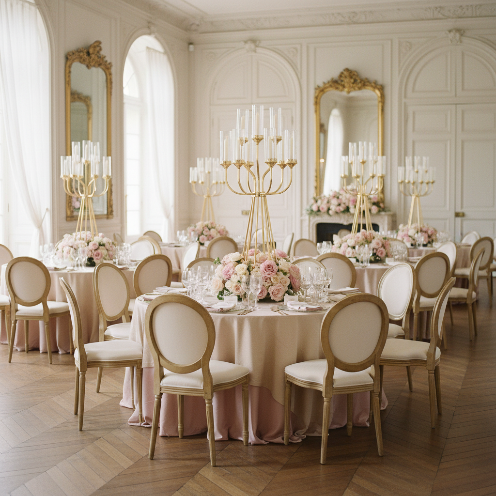 princess themed indoor table setup with 12 Arms Candle Holder Wedding Candelabra Table Centerpiece 48"H - Gold