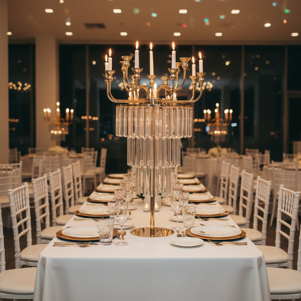 12 Arms Chandelier Candelabra Centerpiece - Gold with Chiavari White Chairs.