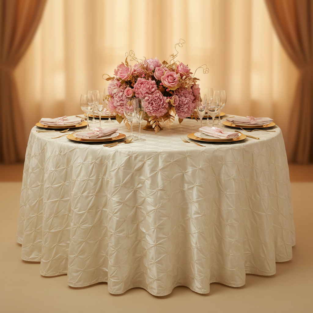 120" Pinchwheel Round Tablecloth - Ivory with gold charger plate | white dinner plate | blush napkin | wine goblets | flower centerpiece