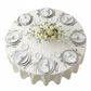 120" Pinchwheel Round Tablecloth - Ivory with silver charger plate | white dinner plate | white napkin | wine goblets | flower centerpiece
