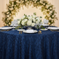 120" Pinchwheel Round Tablecloth - Navy Blue with white dinner plate | white napkin | flower centerpiece | wine goblets | 