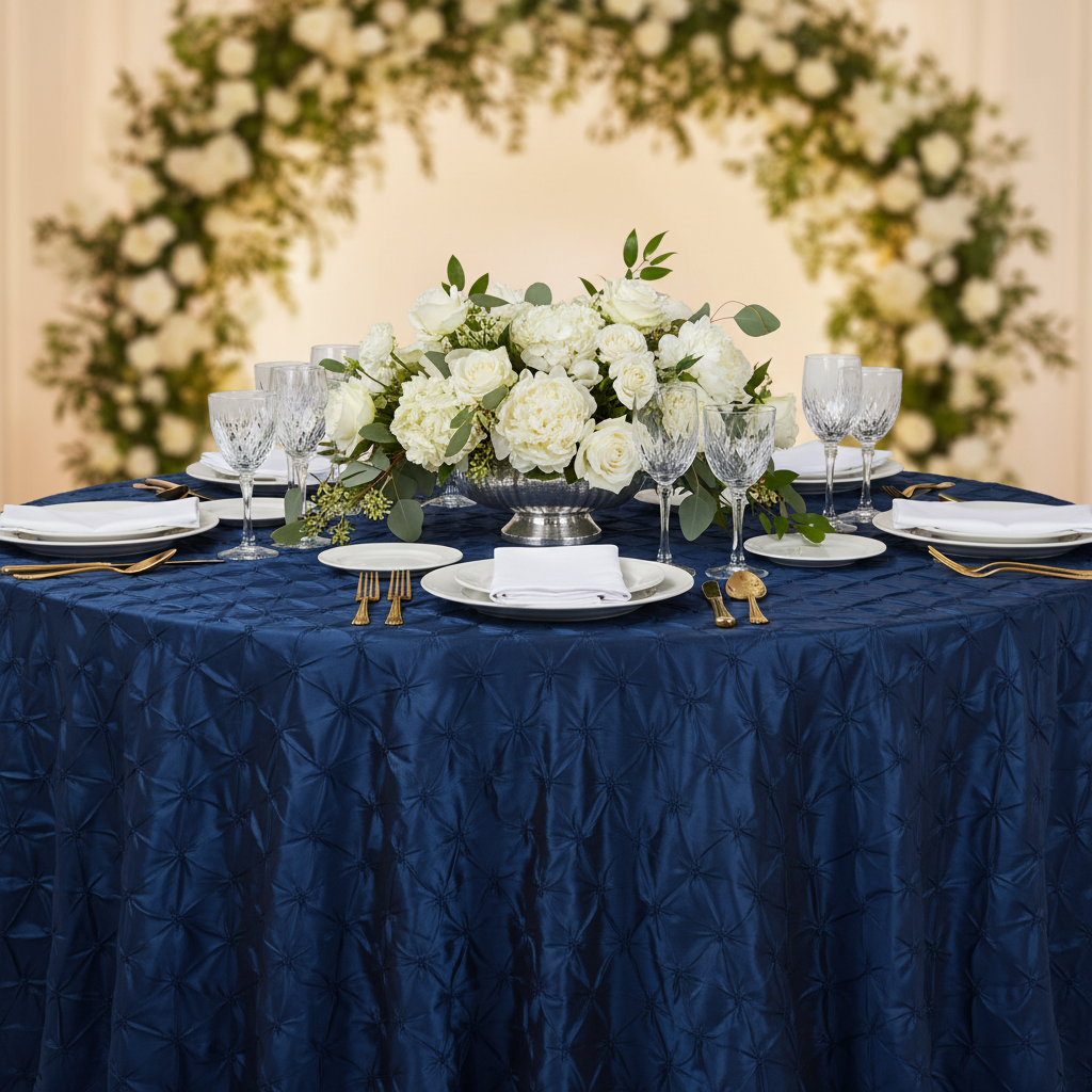 120" Pinchwheel Round Tablecloth - Navy Blue with white dinner plate | white napkin | flower centerpiece | wine goblets | 