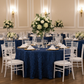 120" Pinchwheel Round Tablecloth - Navy Blue with gold charger plate | ivory napkin | flower centerpiece | wine goblets | chiavari chair