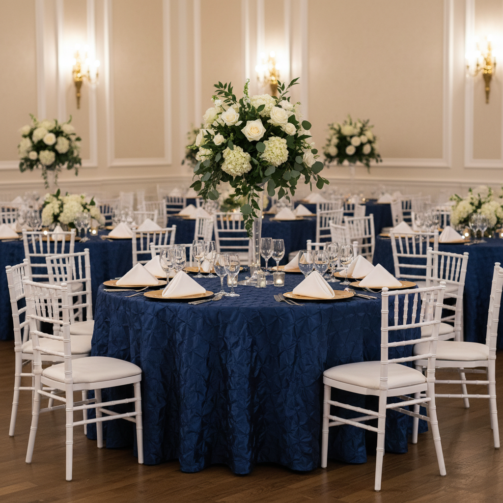 120" Pinchwheel Round Tablecloth - Navy Blue with gold charger plate | ivory napkin | flower centerpiece | wine goblets | chiavari chair