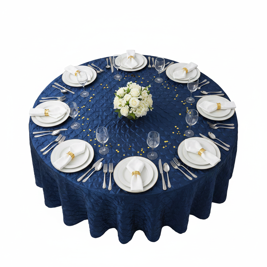 120" Pinchwheel Round Tablecloth - Navy Blue with white dinner plate | white napkin | flower centerpiece | wine goblets | 