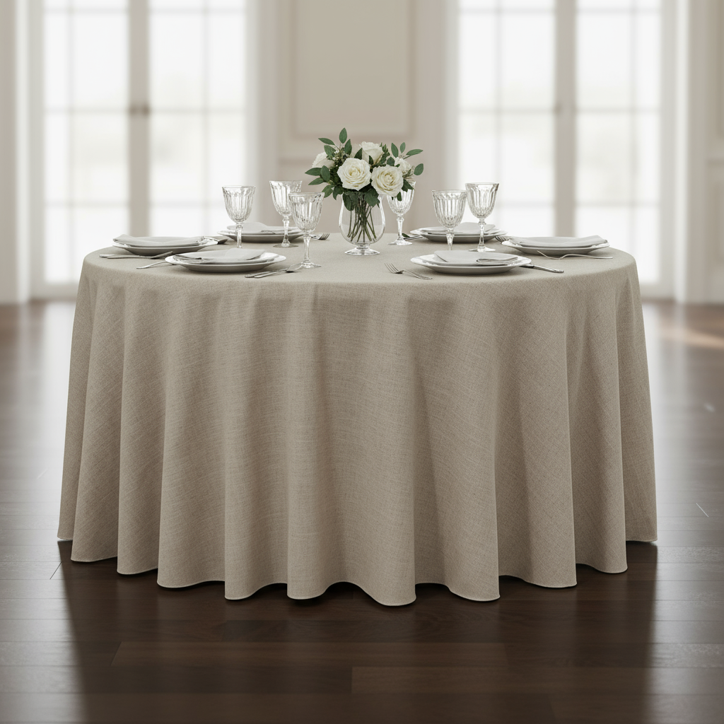 front view of 120" Round Premium Linen-Look Panama Weave Tablecloth - Beige