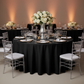 120" Round Premium Linen-Look Panama Weave Tablecloth - Black with gold charger plates | wine goblets | white napkin|