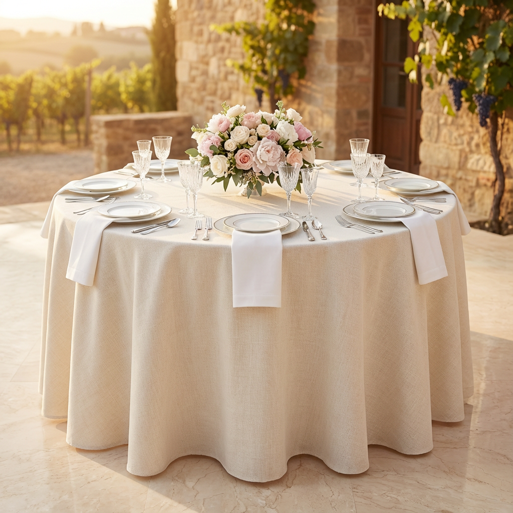 Ivory Round Premium Linen-Look Panama Weave Tablecloth Size: 120 in | Polyester | Wedding | Event | Wholesale by CV Linens
