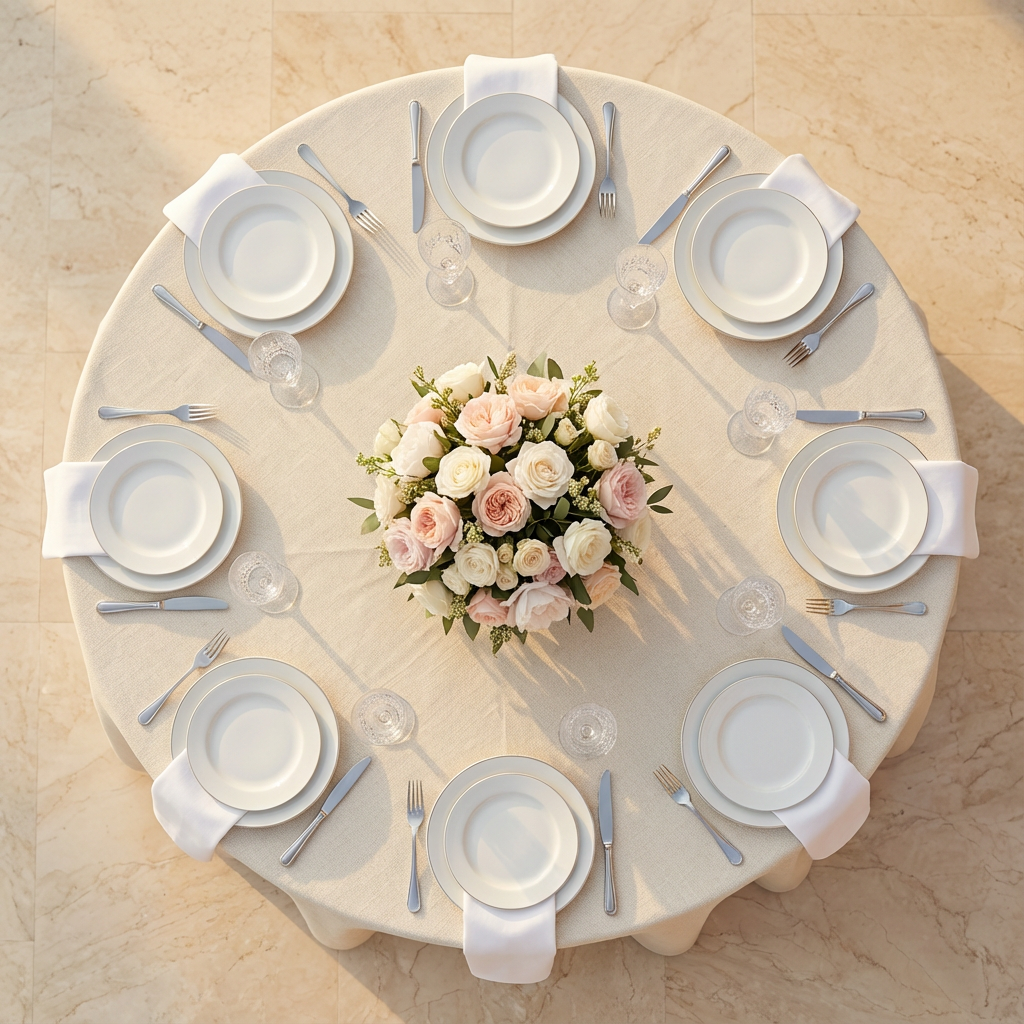 top view of 120" Round Premium Linen-Look Panama Weave Tablecloth - Ivory
