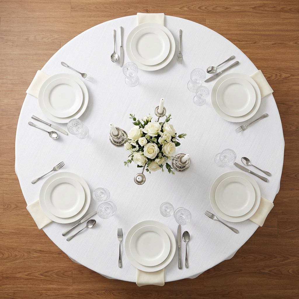 top view detail of 120" Round Premium Linen-Look Panama Weave Tablecloth - White