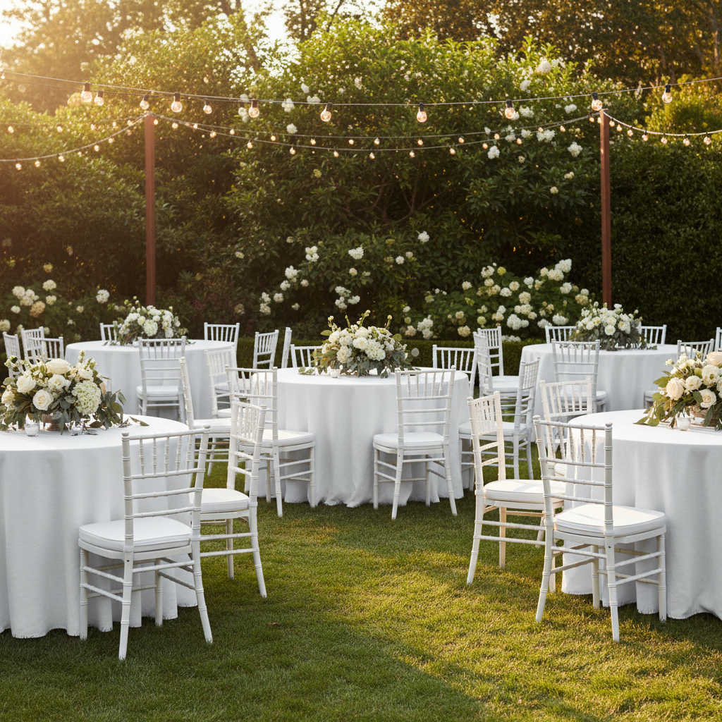 outdoor garden wedding with 120" Round Premium Linen-Look Panama Weave Tablecloth - White