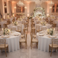 indoor wedding banquet with 120" Round Premium Linen-Look Panama Weave Tablecloth - White