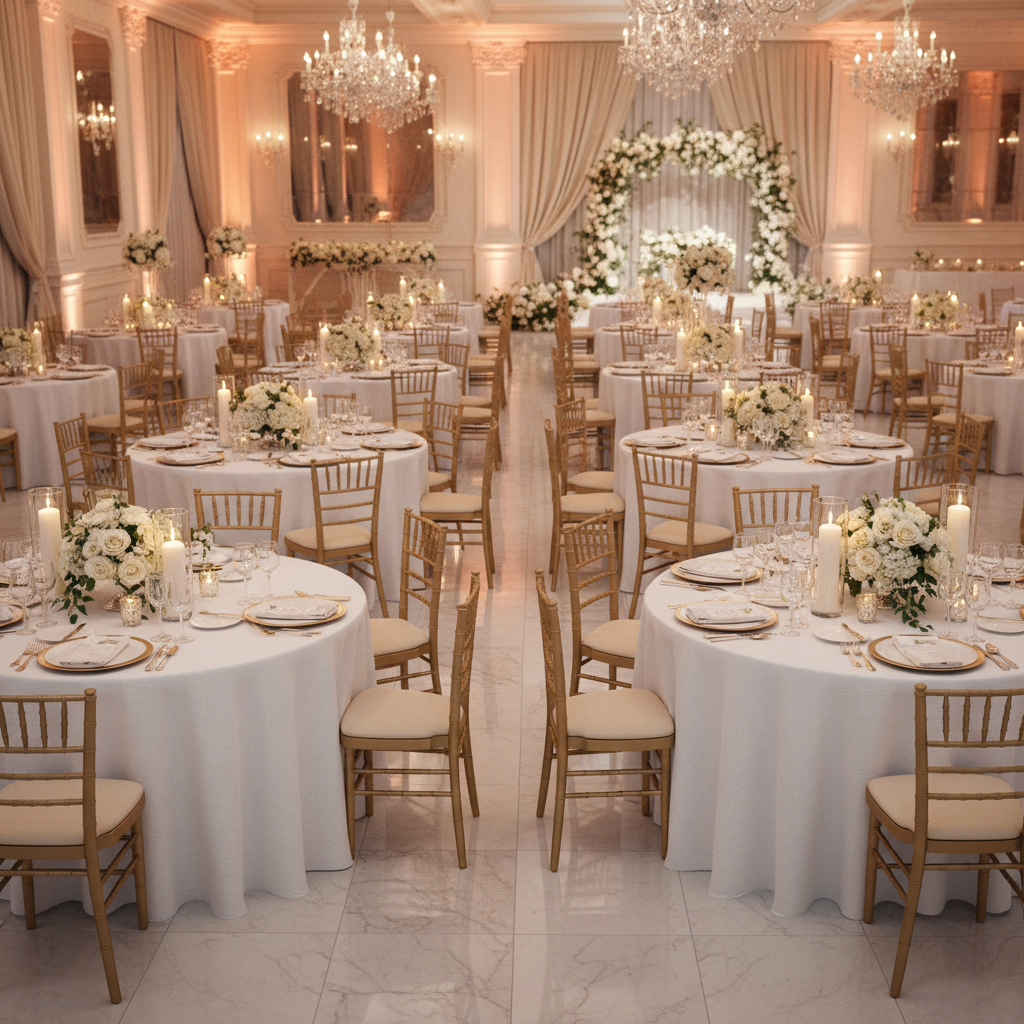indoor wedding banquet with 120" Round Premium Linen-Look Panama Weave Tablecloth - White