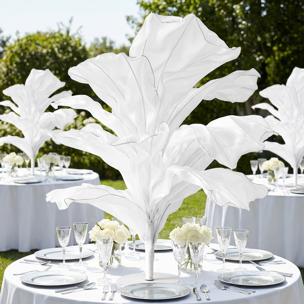 120cm Sculptural Fabric Flower Centerpiece/Floor Stand - White - Outdoor Event View