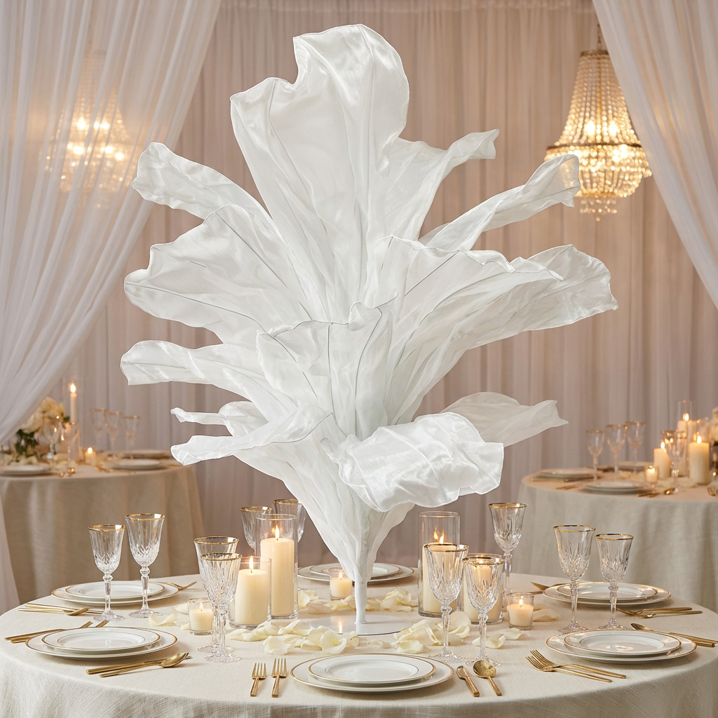 120cm Sculptural Fabric Flower Centerpiece/Floor Stand - Ivory - Wedding Reception View