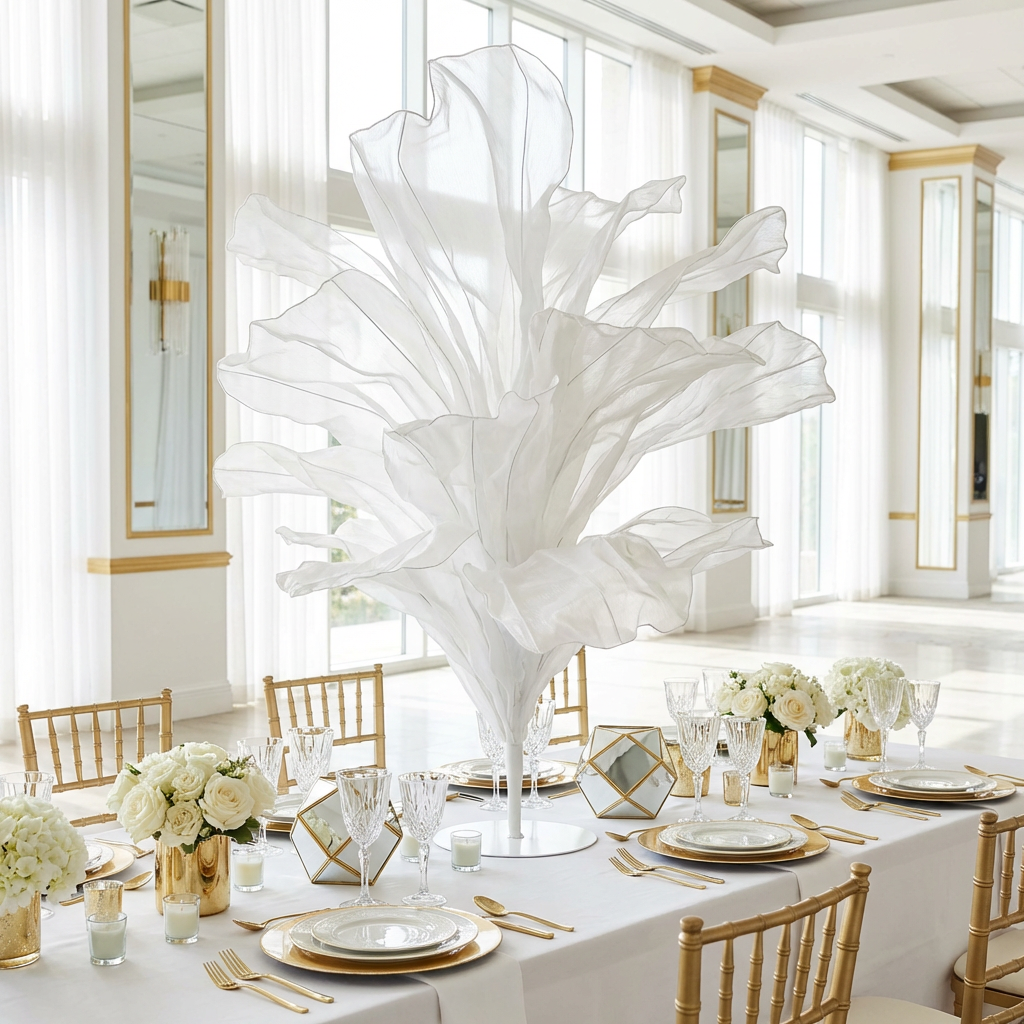 120cm Sculptural Fabric Flower Centerpiece/Floor Stand - Ivory - Elegant Event view
