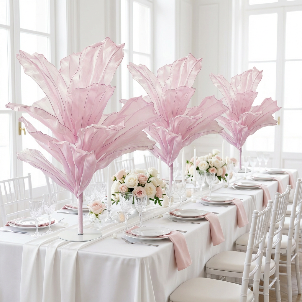 120cm Sculptural Fabric Flower Centerpiece/Floor Stand - Pastel Pink - Wide Banquet View