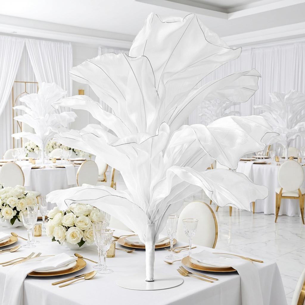 120cm Sculptural Fabric Flower Centerpiece/Floor Stand - White- Wedding Reception View
