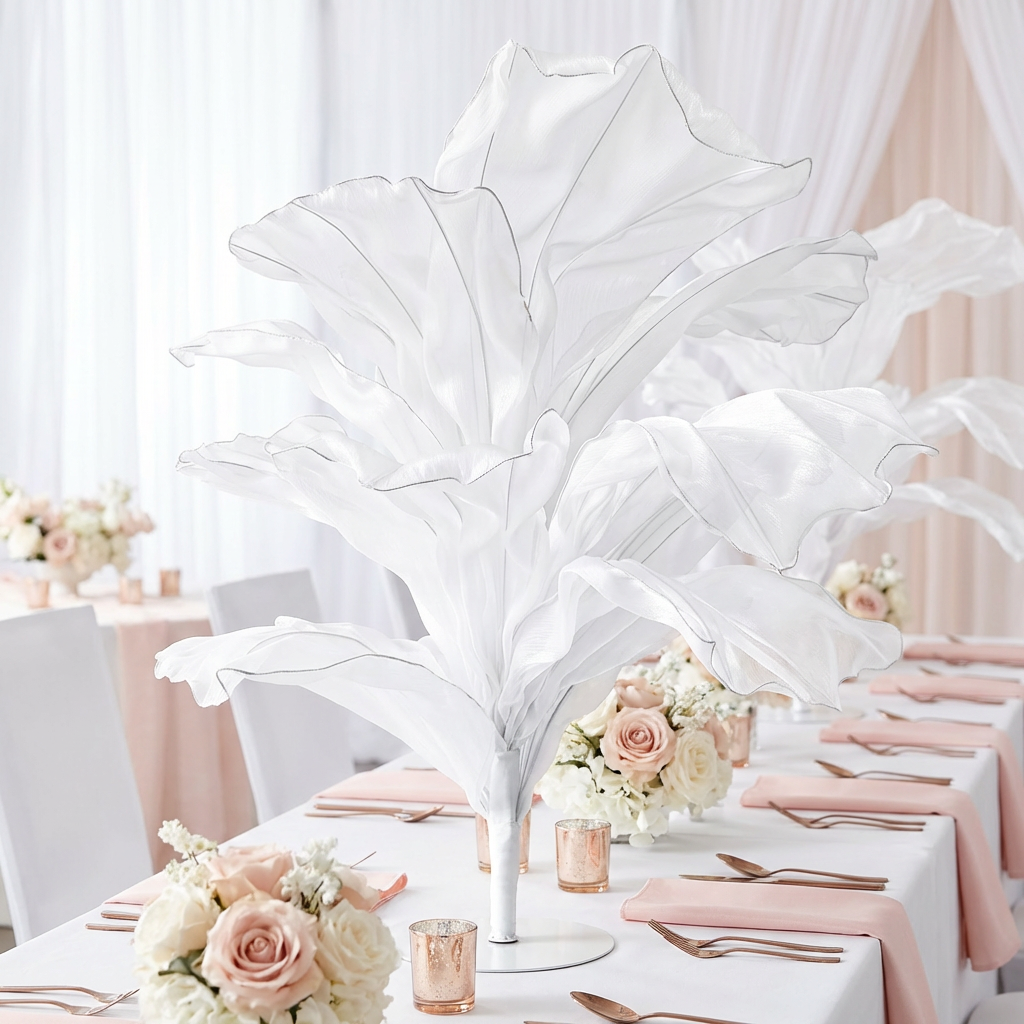 120cm Sculptural Fabric Flower Centerpiece/Floor Stand - White - Wide Banquet View