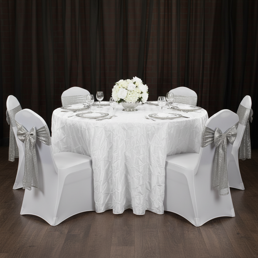 132" Pinchwheel Round Tablecloth - White | charger plate | wine goblet | dinner plate | chiavari chairs | 