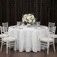 132" Pinchwheel Round Tablecloth - White | charger plate | wine goblet | dinner plate | chiavari chair |