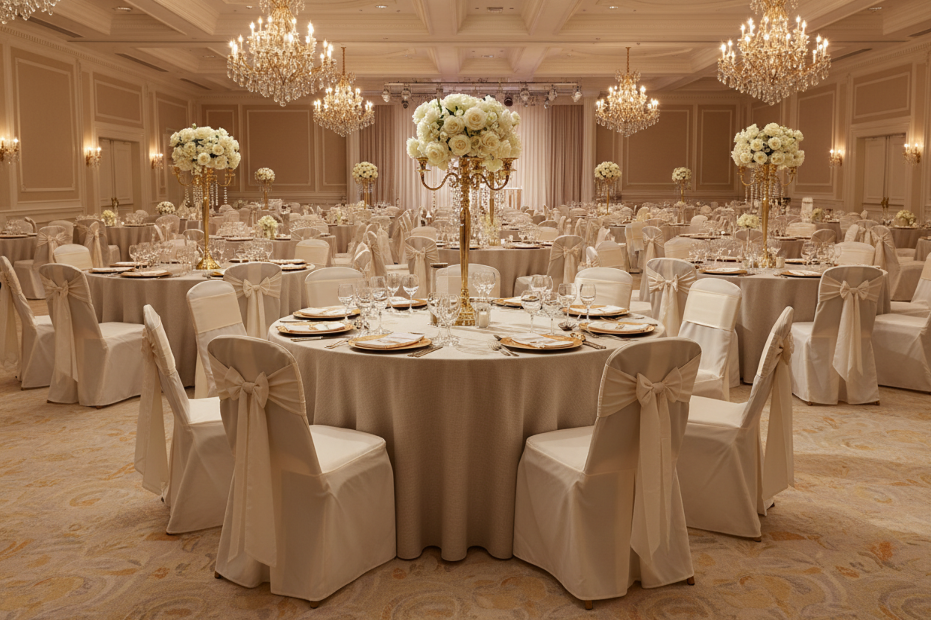 anniversary gala with 132" Round Premium Linen-Look Panama Weave Tablecloth - Beige