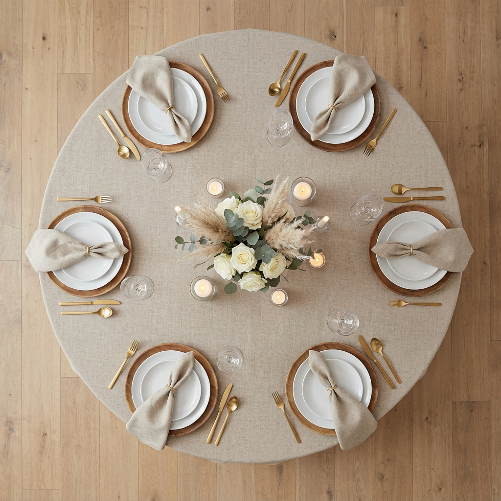 top view of 132" Round Premium Linen-Look Panama Weave Tablecloth - Beige