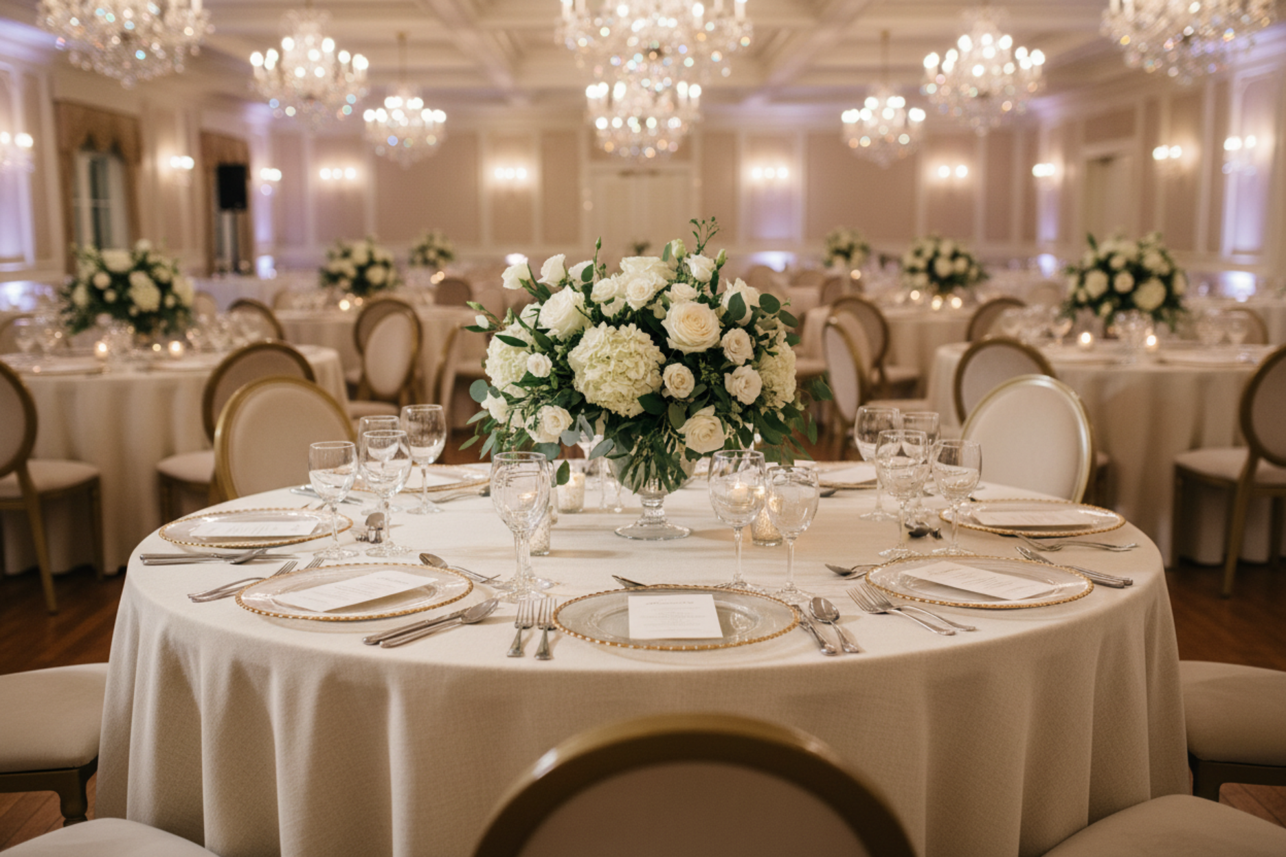 hotel wedding reception with 132" Round Premium Linen-Look Panama Weave Tablecloth - Ivory