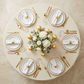 top view setup with 132" Round Premium Linen-Look Panama Weave Tablecloth - Ivory