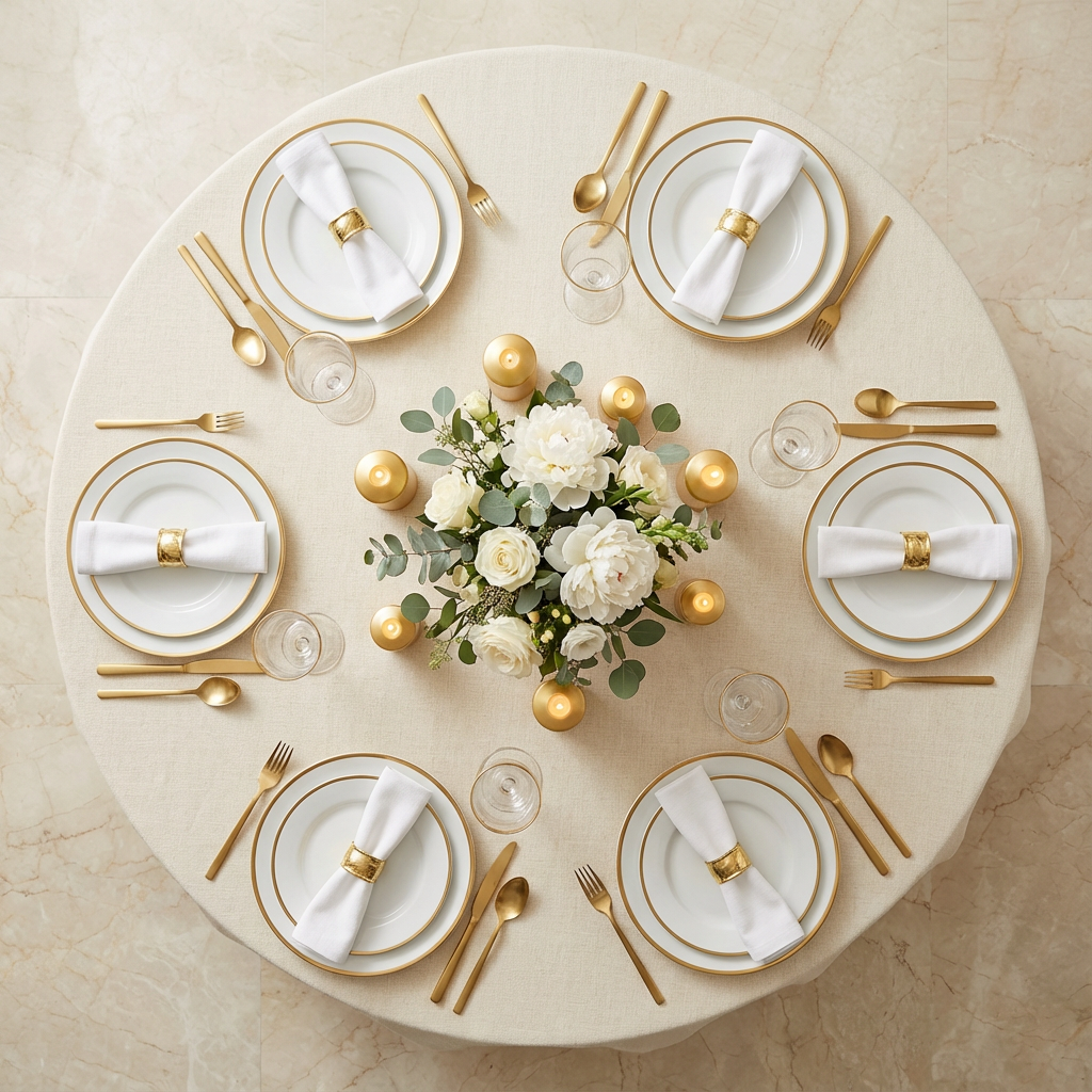 top view setup with 132" Round Premium Linen-Look Panama Weave Tablecloth - Ivory