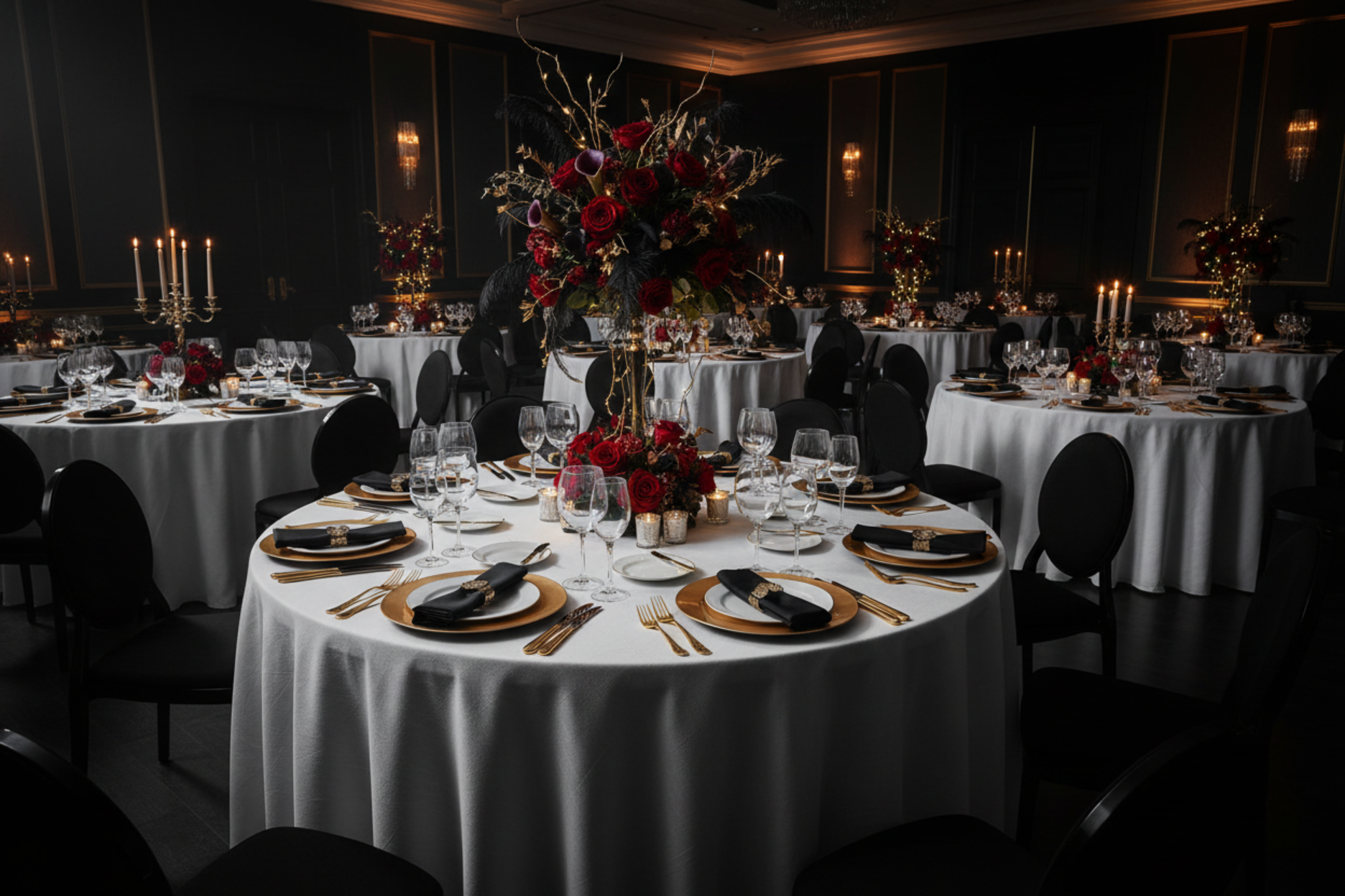 corporate anniversary celebration with 132" Round Premium Linen-Look Panama Weave Tablecloth - White