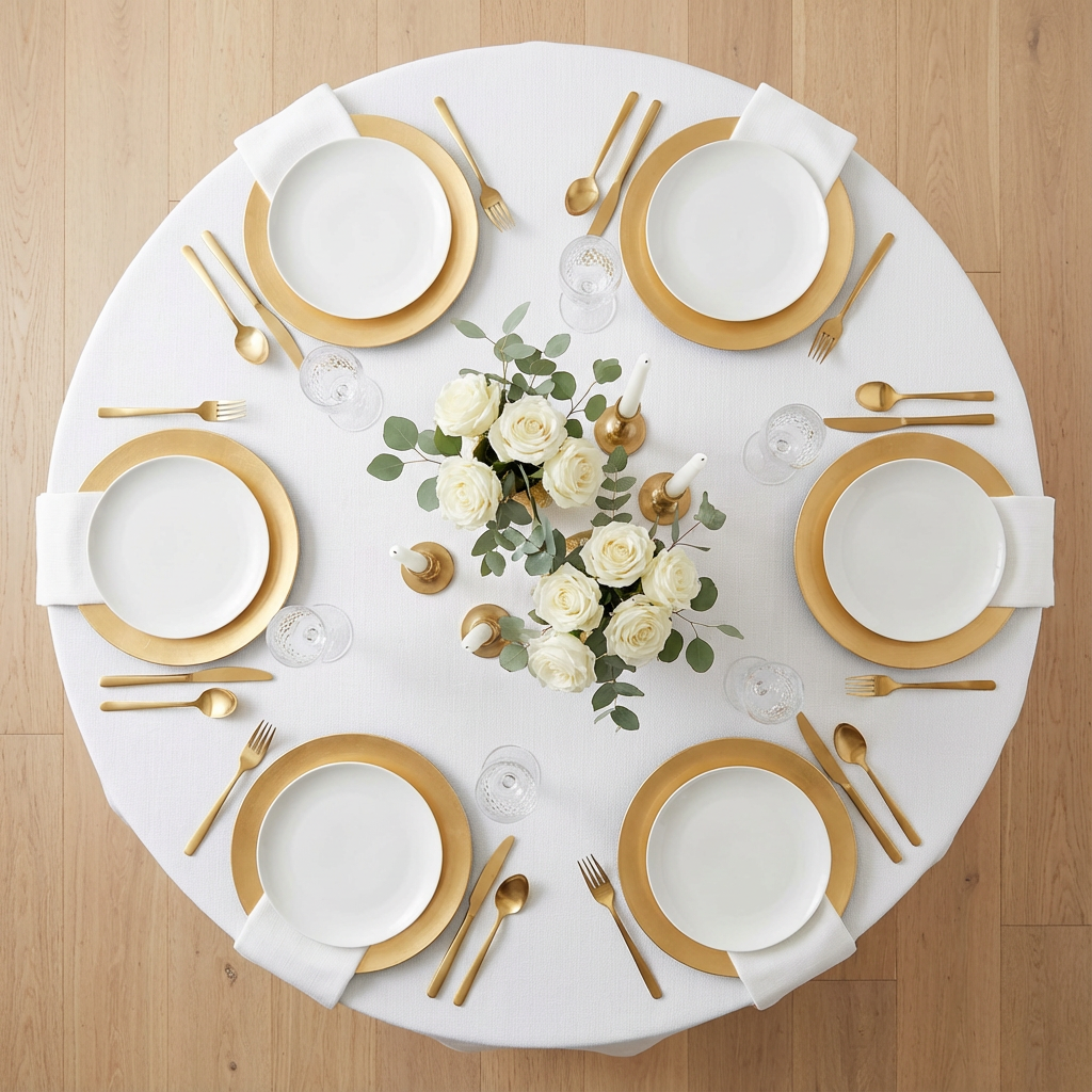 top view setup of 132" Round Premium Linen-Look Panama Weave Tablecloth - White