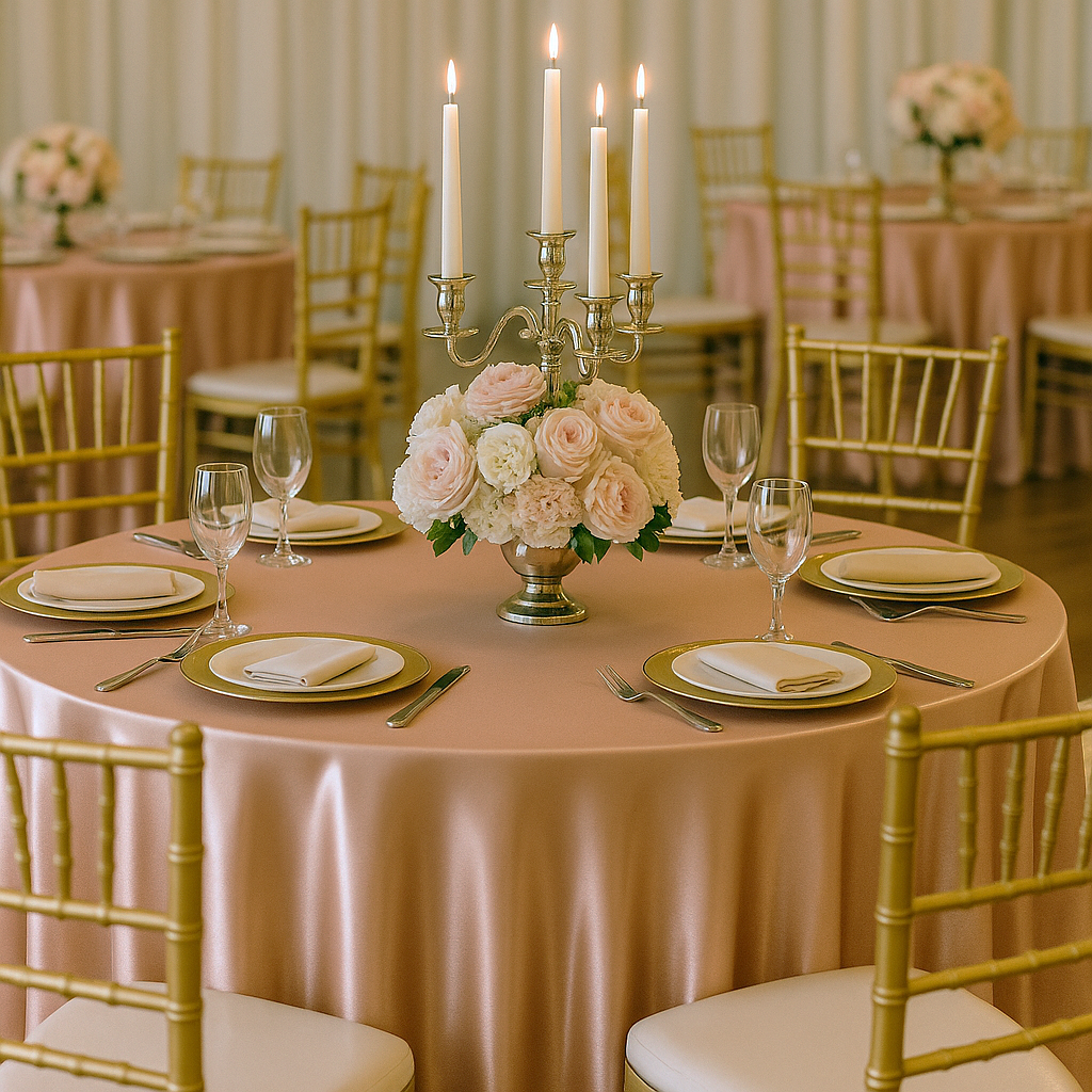 Premium Satin (Wrinkle-Resistant) 132" Round Tablecloth - Blush/Rose Gold table set up with charger plate and flower centerpiece