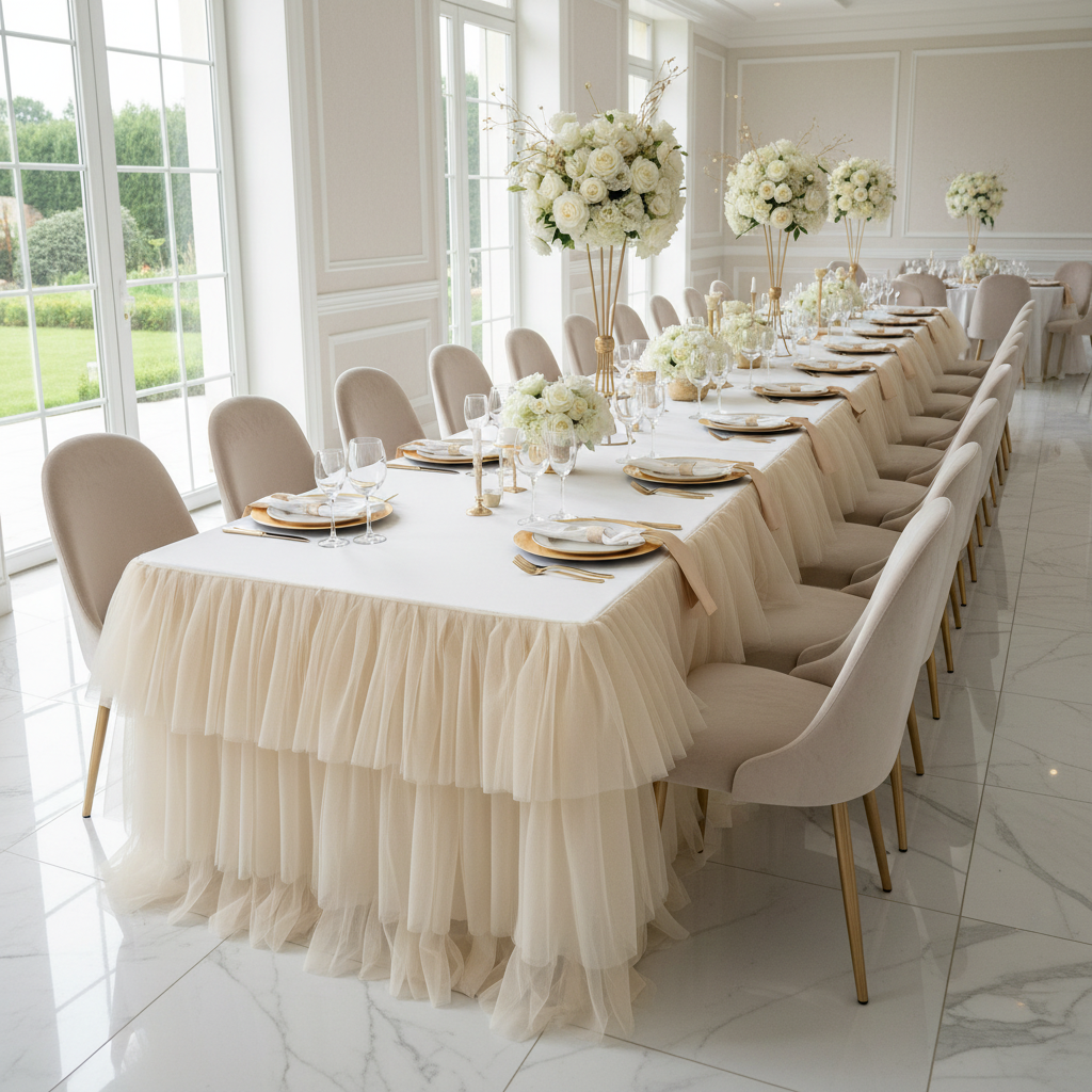 14ft Ruffle Layered Champagne Tulle Tableskirt