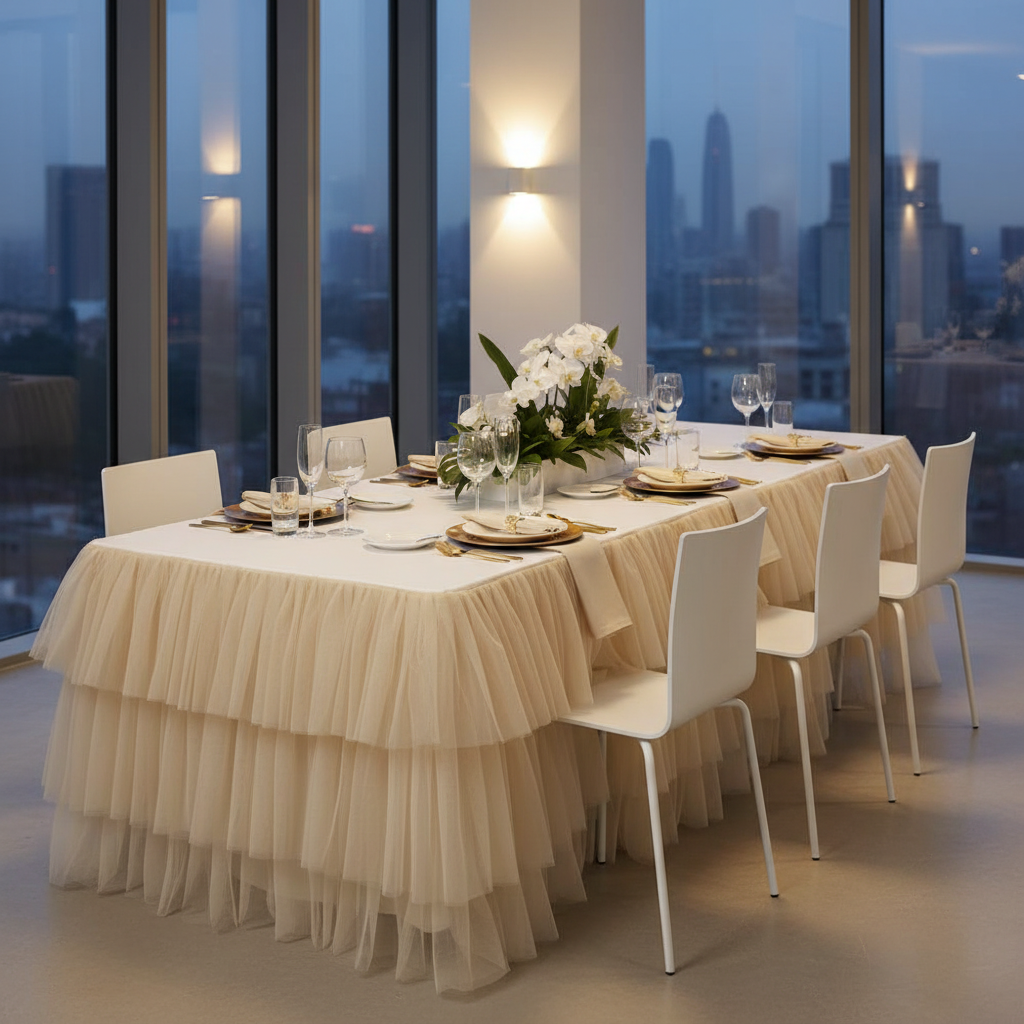 14ft Ruffle Layered Champagne Tulle Tableskirt